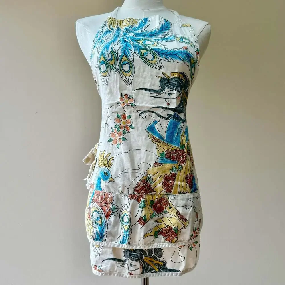 Vintage Geisha and Peacock Print Halter Apron with Pockets
